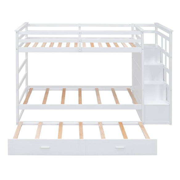 Solid white twin over twin bunk bed with staircase, storage drawers, and pull-out trundle in a modern children's bedroom