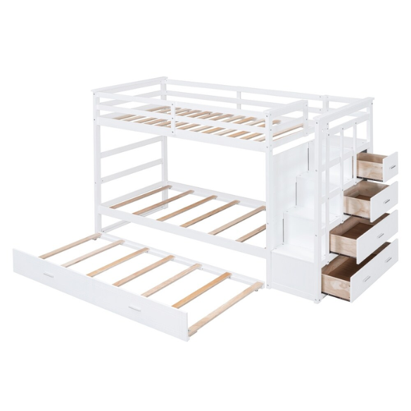 Solid white twin over twin bunk bed with staircase, storage drawers, and pull-out trundle in a modern children's bedroom