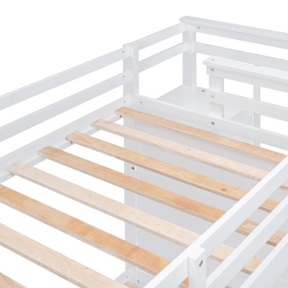Solid white twin over twin bunk bed with staircase, storage drawers, and pull-out trundle in a modern children's bedroom