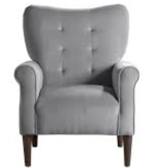 Mid-century modern dark gray upholstered fabric accent armchair with tufted back buttons, rolled arms, and tapered wooden legs. This chair combines stylish elegance with comfort, featuring plush foam seating and a sturdy rubberwood frame, making it an ideal addition to living rooms, offices, or bedrooms.