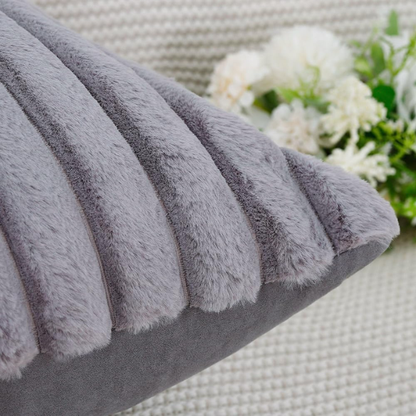 Soft grey striped throw pillow cover with faux wool front and velvet back, 16x16 size.