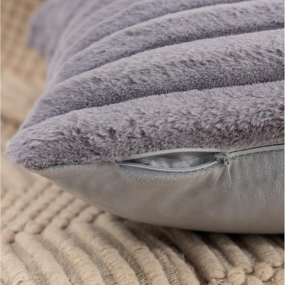 Soft grey striped throw pillow cover with faux wool front and velvet back, 16x16 size.