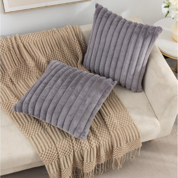 Soft grey striped throw pillow cover with faux wool front and velvet back, 16x16 size.
