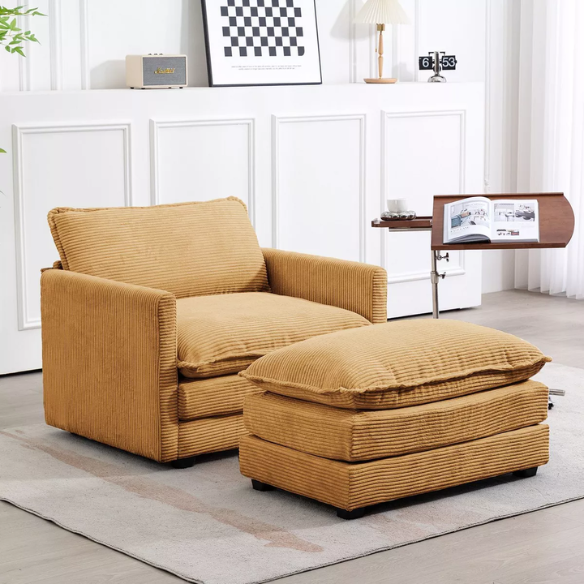 Tan corduroy accent chair with matching ottoman, featuring soft upholstery, supportive foam cushions, and a sturdy wood and metal frame for long-lasting comfort.