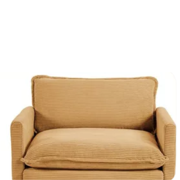 Tan corduroy accent chair with matching ottoman, featuring soft upholstery, supportive foam cushions, and a sturdy wood and metal frame for long-lasting comfort.