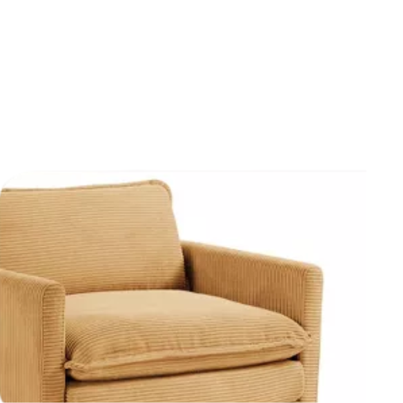 Tan corduroy accent chair with matching ottoman, featuring soft upholstery, supportive foam cushions, and a sturdy wood and metal frame for long-lasting comfort.