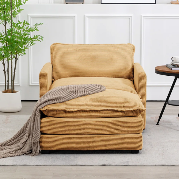 Tan corduroy accent chair with matching ottoman, featuring soft upholstery, supportive foam cushions, and a sturdy wood and metal frame for long-lasting comfort.