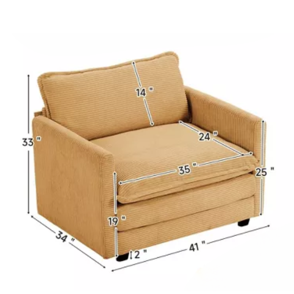 Tan corduroy accent chair with matching ottoman, featuring soft upholstery, supportive foam cushions, and a sturdy wood and metal frame for long-lasting comfort.