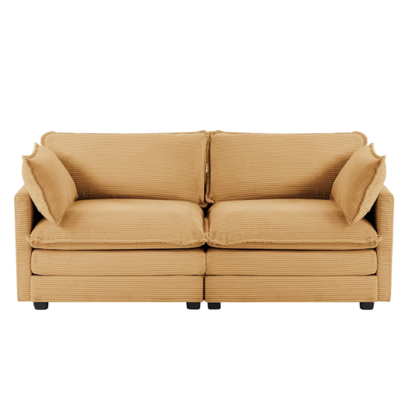 Tan corduroy loveseat sofa with plush upholstery, modern track arms, and spacious two-person seating—perfect for small apartments, living rooms, or home offices.