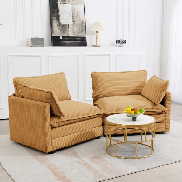 Tan corduroy loveseat sofa with plush upholstery, modern track arms, and spacious two-person seating—perfect for small apartments, living rooms, or home offices.