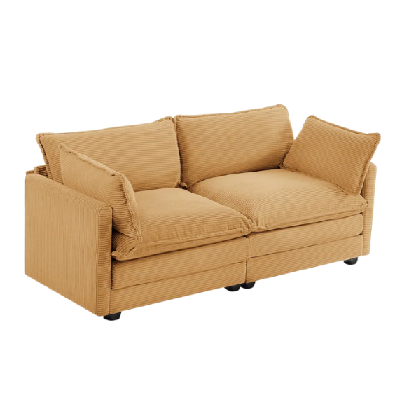 Tan corduroy loveseat sofa with plush upholstery, modern track arms, and spacious two-person seating—perfect for small apartments, living rooms, or home offices.