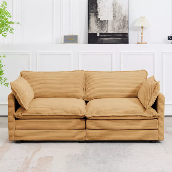 Tan corduroy loveseat sofa with plush upholstery, modern track arms, and spacious two-person seating—perfect for small apartments, living rooms, or home offices.