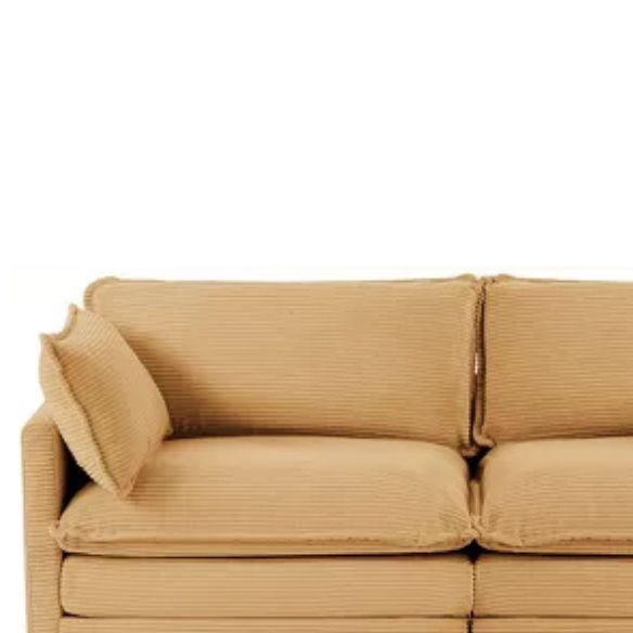 Tan corduroy loveseat sofa with plush upholstery, modern track arms, and spacious two-person seating—perfect for small apartments, living rooms, or home offices.
