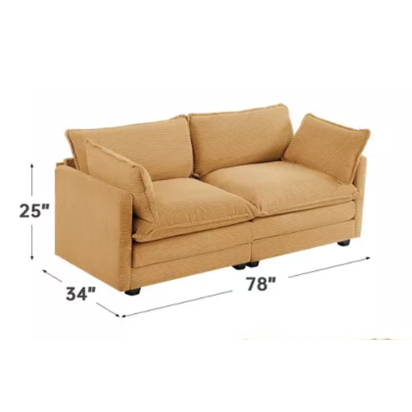 Tan corduroy loveseat sofa with plush upholstery, modern track arms, and spacious two-person seating—perfect for small apartments, living rooms, or home offices.
