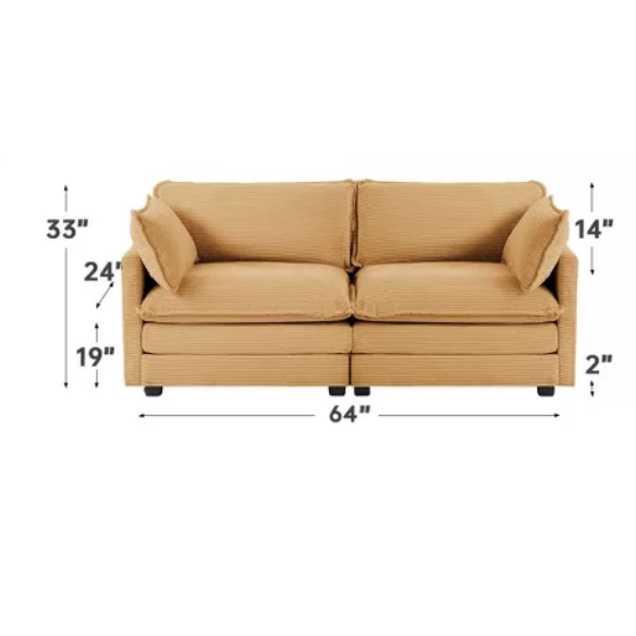 Tan corduroy loveseat sofa with plush upholstery, modern track arms, and spacious two-person seating—perfect for small apartments, living rooms, or home offices.