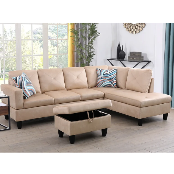 Tan L-shaped sectional sofa with right-facing chaise and ottoman, microfiber upholstery and light gray wooden legs