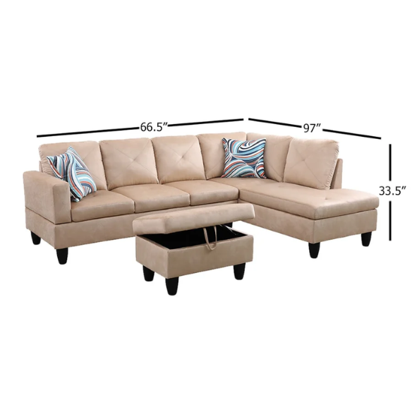 Tan L-shaped sectional sofa with right-facing chaise and ottoman, microfiber upholstery and light gray wooden legs