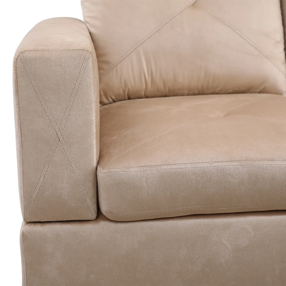 Tan L-shaped sectional sofa with right-facing chaise and ottoman, microfiber upholstery and light gray wooden legs