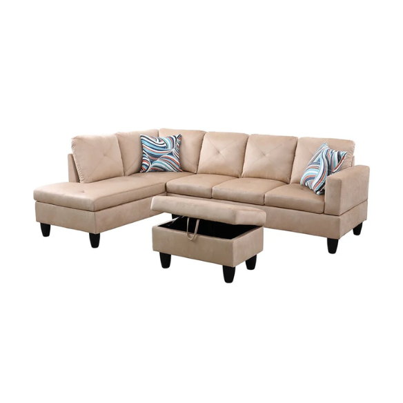 Tan L-shaped sectional sofa with right-facing chaise and ottoman, microfiber upholstery and light gray wooden legs