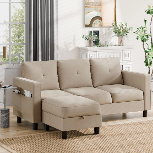 Modern tan L-shaped sectional sofa with storage ottoman, stain-resistant polyester fabric, and firm foam cushions for small spaces.