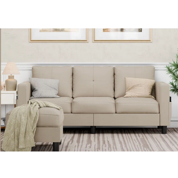 Modern tan L-shaped sectional sofa with storage ottoman, stain-resistant polyester fabric, and firm foam cushions for small spaces.