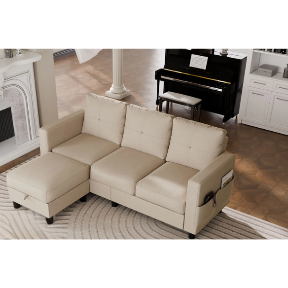 Modern tan L-shaped sectional sofa with storage ottoman, stain-resistant polyester fabric, and firm foam cushions for small spaces.