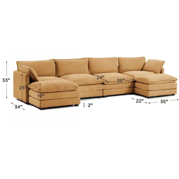 Tan corduroy 4-seat modular sectional sofa with two ottomans, featuring soft high-pile fabric, plush cushions, and a sturdy wood and metal frame for modern living spaces.