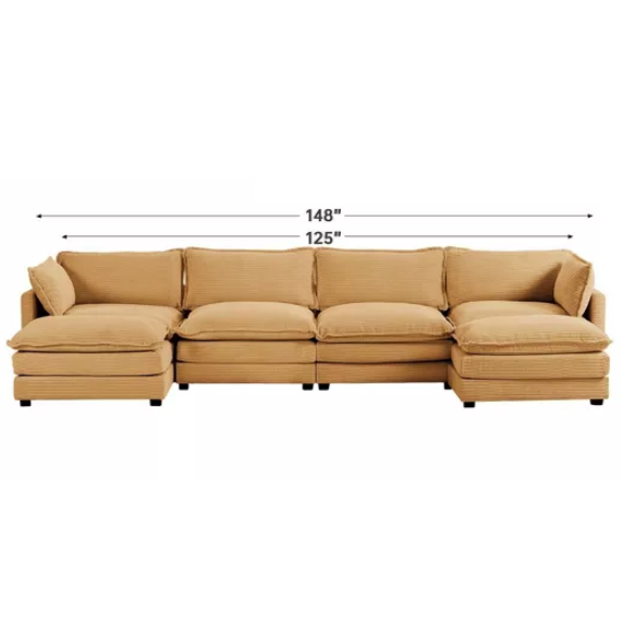 Tan corduroy 4-seat modular sectional sofa with two ottomans, featuring soft high-pile fabric, plush cushions, and a sturdy wood and metal frame for modern living spaces.