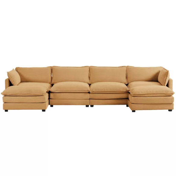 Tan corduroy 4-seat modular sectional sofa with two ottomans, featuring soft high-pile fabric, plush cushions, and a sturdy wood and metal frame for modern living spaces.