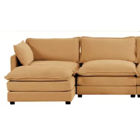 Tan corduroy 4-seat modular sectional sofa with two ottomans, featuring soft high-pile fabric, plush cushions, and a sturdy wood and metal frame for modern living spaces.