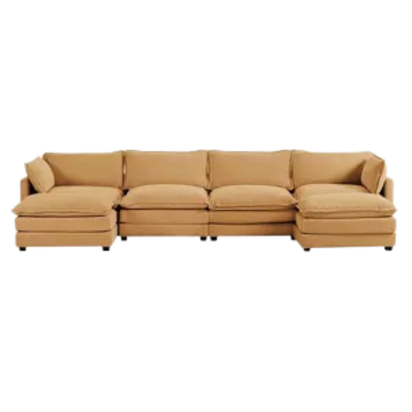 Tan corduroy 4-seat modular sectional sofa with two ottomans, featuring soft high-pile fabric, plush cushions, and a sturdy wood and metal frame for modern living spaces.