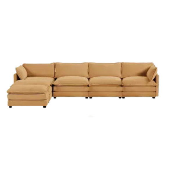 Tan corduroy 4-seat modular sectional sofa with two ottomans, featuring soft high-pile fabric, plush cushions, and a sturdy wood and metal frame for modern living spaces.