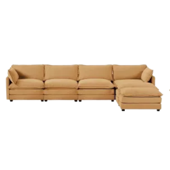 Tan corduroy 4-seat modular sectional sofa with two ottomans, featuring soft high-pile fabric, plush cushions, and a sturdy wood and metal frame for modern living spaces.