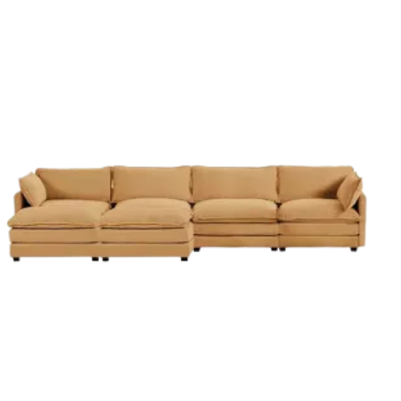 Tan corduroy 4-seat modular sectional sofa with two ottomans, featuring soft high-pile fabric, plush cushions, and a sturdy wood and metal frame for modern living spaces.