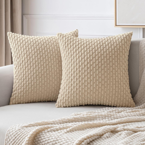 Tan Striped Corduroy Throw Pillow Cover – Modern Boho Style, Zipper Closure, Soft Polyester, Machine Washable