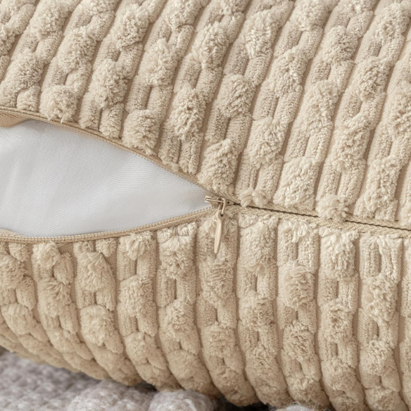 Tan Striped Corduroy Throw Pillow Cover – Modern Boho Style, Zipper Closure, Soft Polyester, Machine Washable