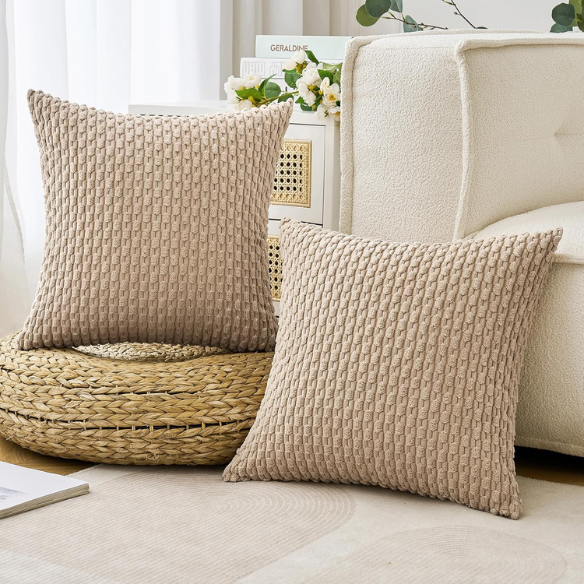 Tan Striped Corduroy Throw Pillow Cover – Modern Boho Style, Zipper Closure, Soft Polyester, Machine Washable