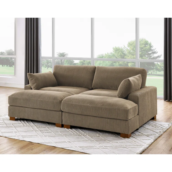 Taupe corduroy convertible sleeper sofa with adjustable headrest, twin bed functionality, and mid-century wood legs