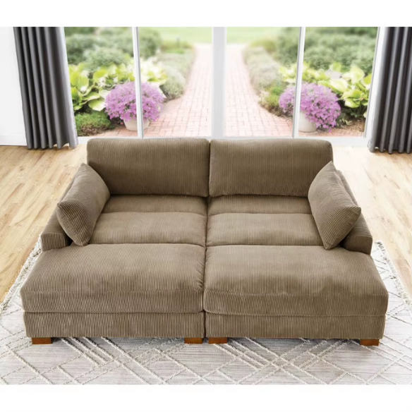 Taupe corduroy convertible sleeper sofa with adjustable headrest, twin bed functionality, and mid-century wood legs