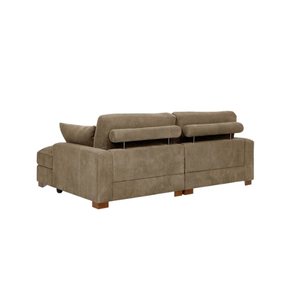 Taupe corduroy convertible sleeper sofa with adjustable headrest, twin bed functionality, and mid-century wood legs