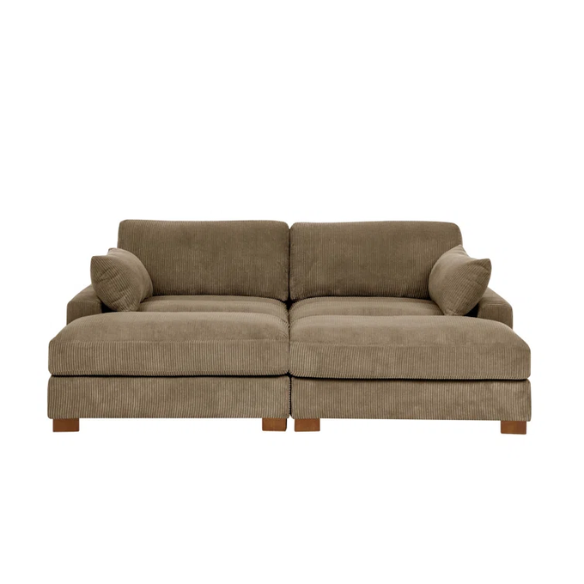 Taupe corduroy convertible sleeper sofa with adjustable headrest, twin bed functionality, and mid-century wood legs