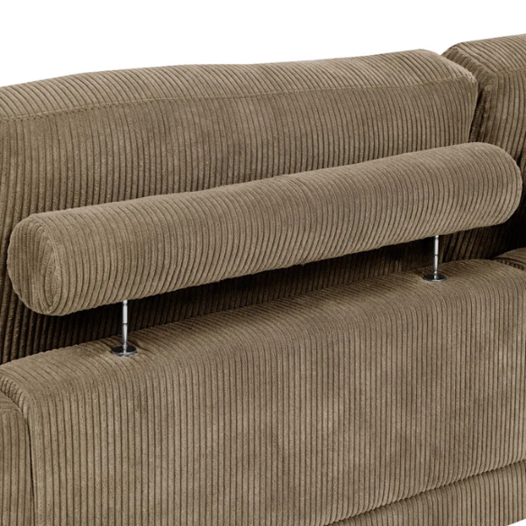Taupe corduroy convertible sleeper sofa with adjustable headrest, twin bed functionality, and mid-century wood legs
