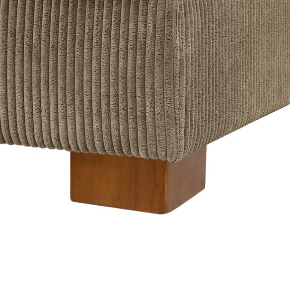 Taupe corduroy convertible sleeper sofa with adjustable headrest, twin bed functionality, and mid-century wood legs