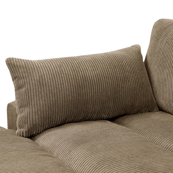 Taupe corduroy convertible sleeper sofa with adjustable headrest, twin bed functionality, and mid-century wood legs