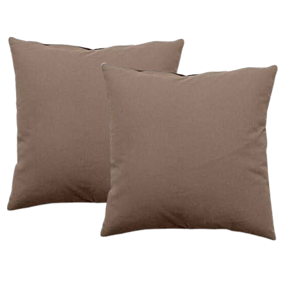 Set of 2 taupe square throw pillows with corded edges and hidden zipper closure, made of soft cotton-blend twill fabric, perfect for modern and transitional home décor.