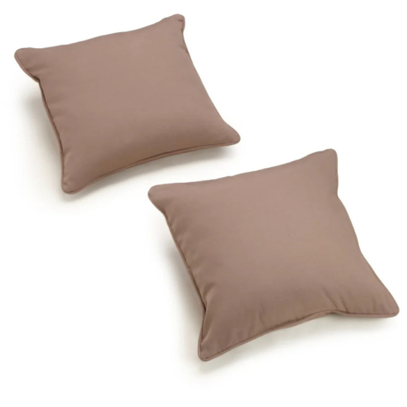 Set of 2 taupe square throw pillows with corded edges and hidden zipper closure, made of soft cotton-blend twill fabric, perfect for modern and transitional home décor.