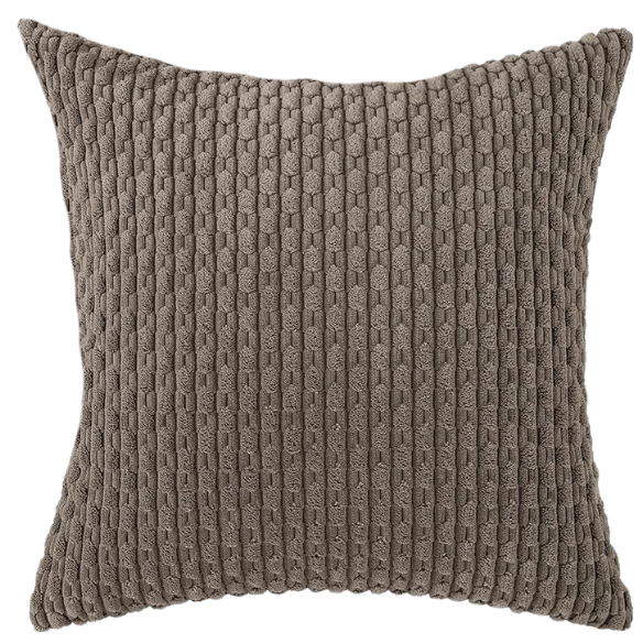 Taupe striped corduroy throw pillow cover with zipper closure, ideal for modern and boho home décor.