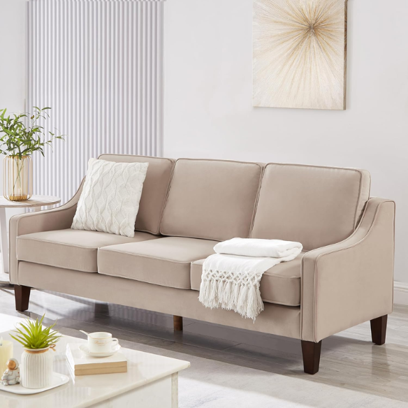 Elegant taupe velvet 3-seater sofa with plush cushions, modern design, and wood frame – perfect for living rooms or formal lounges.