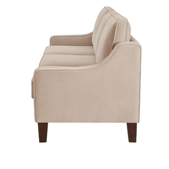 Elegant taupe velvet 3-seater sofa with plush cushions, modern design, and wood frame – perfect for living rooms or formal lounges.