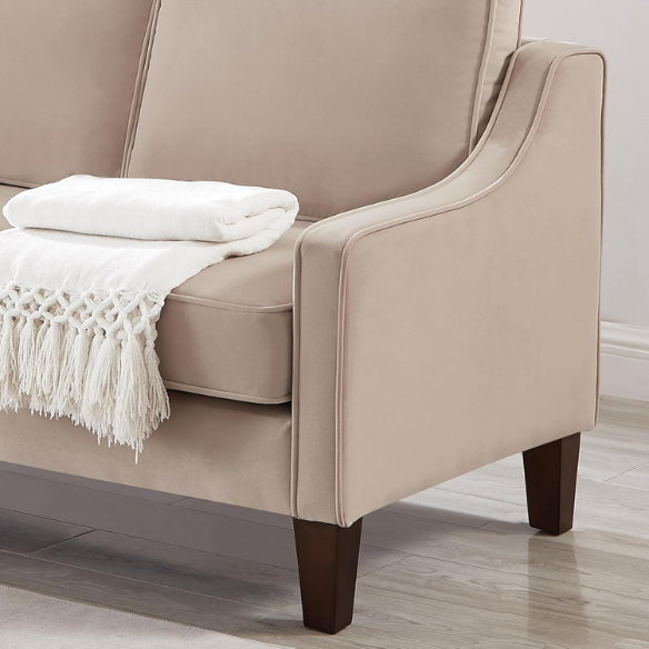 Elegant taupe velvet 3-seater sofa with plush cushions, modern design, and wood frame – perfect for living rooms or formal lounges.